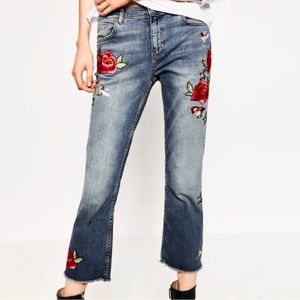 NEW Zara flowers rose birds hummingbird embroidery slim flare jeans size 4